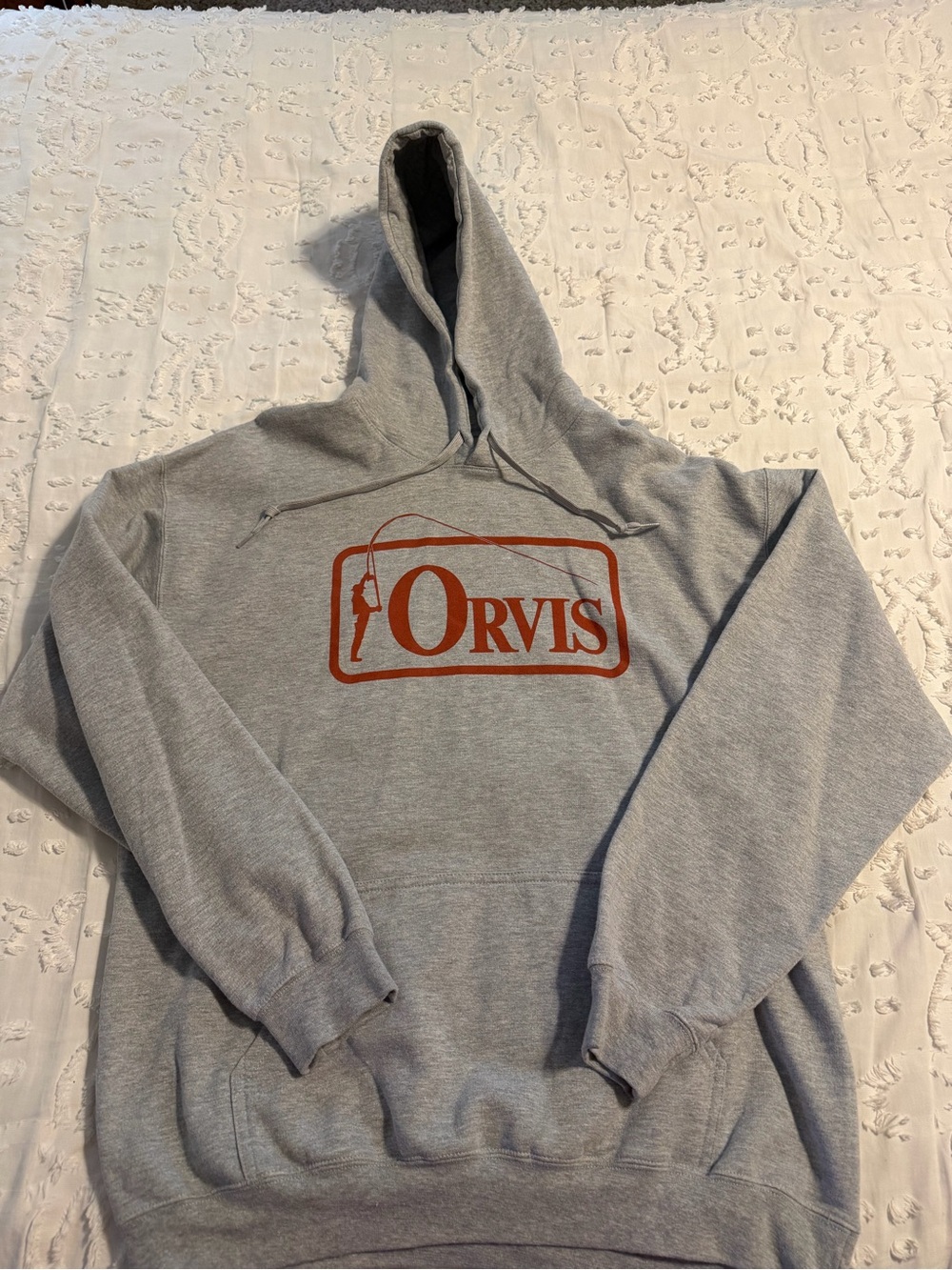 Orvis Gray Hoodie with Rust Orange Logo